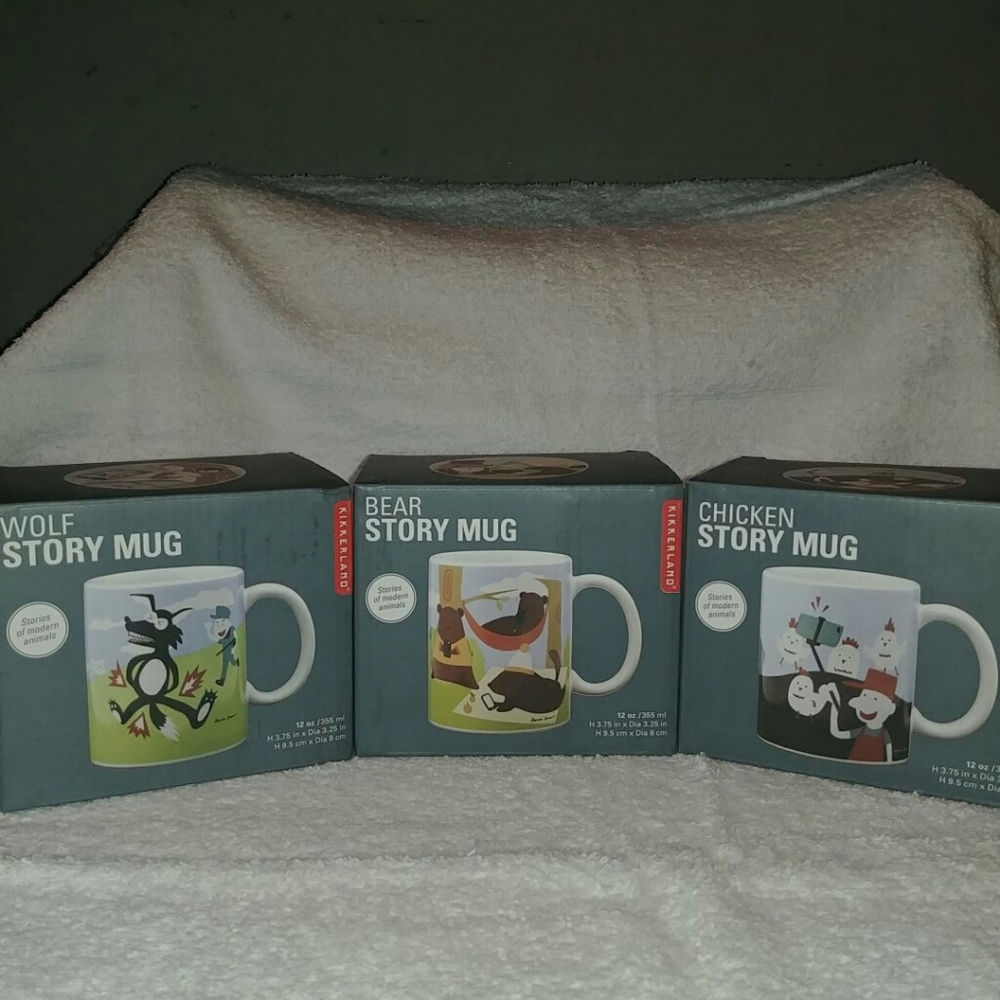 Set of 3 wolf chicken bear story mugs kikkerland